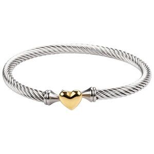 Elegant Titanium Steel Heart Bangle, Two-Tone Silver and Gold